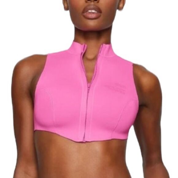 NWT SKIMS Sport Swim Scuba Mock Neck Zip Swim Top In Taffy Pink - Picture 1 of 9